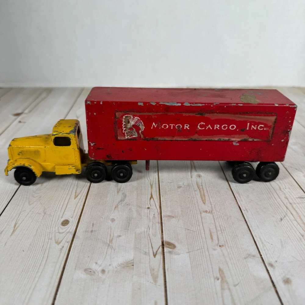 Vintage Ralstoy Pressed Steel‎ Semi Truck Yellow Cab Red Trailer 1950s